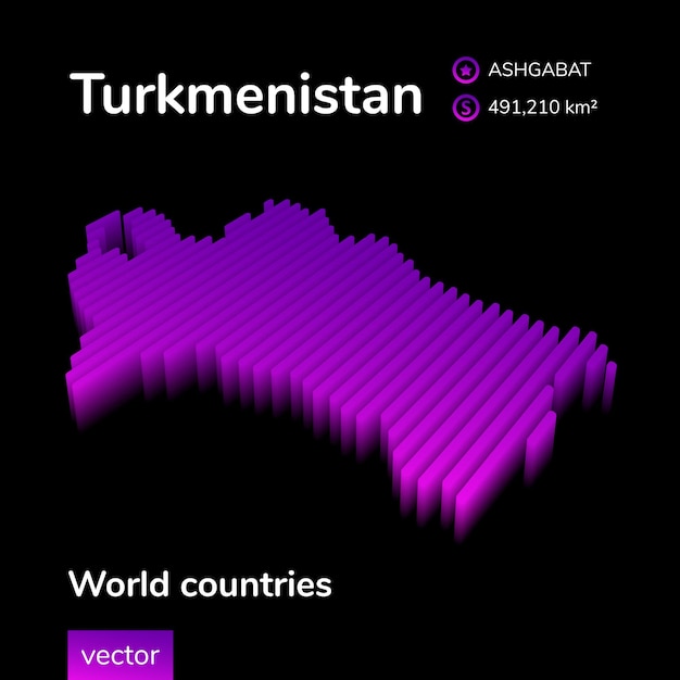 トルクメニスタン3dマップ定型化されたネオンシンプルなデジタル等尺性ストライプベクトルイラストトルクメニスタンのマップは黒の背景に紫の色です