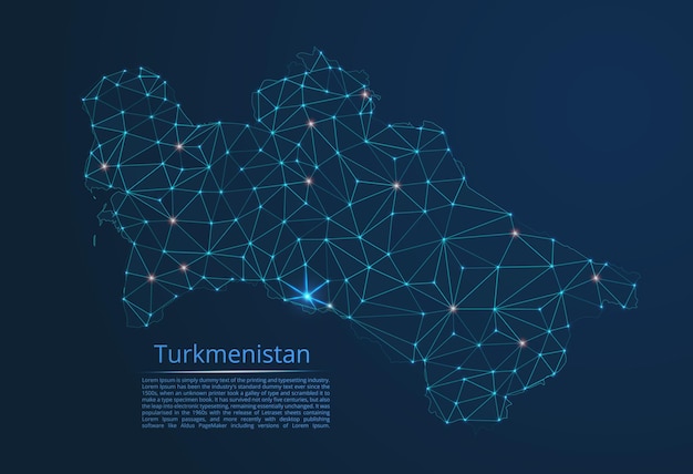 トルクメニスタン通信ネットワーク地図ライト付きの世界地図のベクトル低ポリ画像