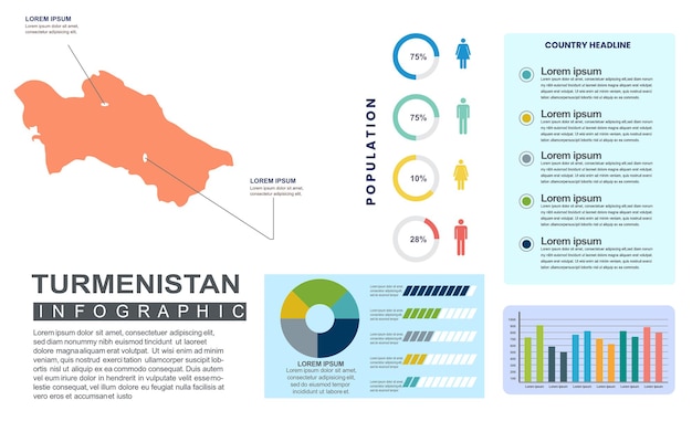 인구 및 인구 통계와 투르크메니스탄 상세한 국가 인포 그래픽 템플릿