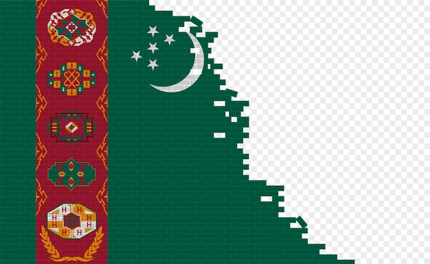 Turkmenistan vlag op gebroken bakstenen muur. Leeg vlagveld van een ander land. Landen vergelijking.