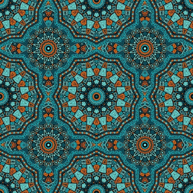 Turkoois oranje zwarte Afrikaanse motieven geometrische naadloze patroon vector design tribal stof print