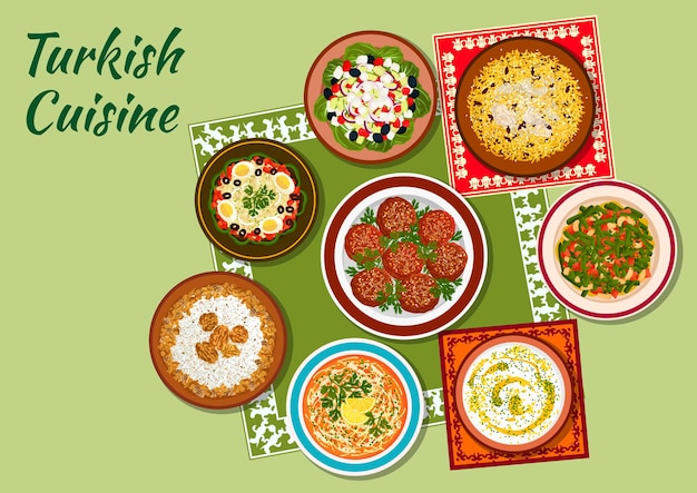 Turks keukenpictogram met kippenpilaf, rijstsoep met munt, gehaktballetjes kofte, witte bonensalade, kippenvermicellisoep, herdersgroentesalade, circassiaanse kip met walnoten, sperziebonensalade