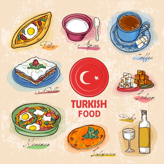 Turkse delicatessengerechten in handgetekende stijl