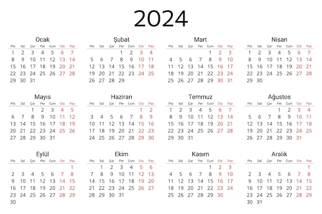 Vector turkse kalender voor 2024 afdrukbare bewerkbare vectorillustratie voor turkije 12 maanden jaar takvim