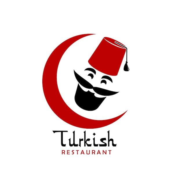 Turkse keuken chef-kok vector icoon van grill food restaurant, café of bar. Gezicht van een Turkse kok met zwarte snor en baard, rode fez-hoed en halve maan geïsoleerd symbool, embleem of pictogram