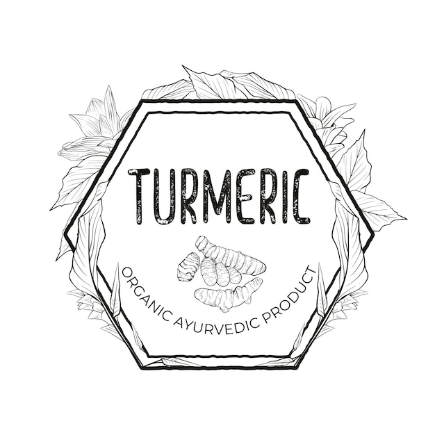 Turmeric label with root flowers and leaves Vector sketch illustration Ayurvedic organic product