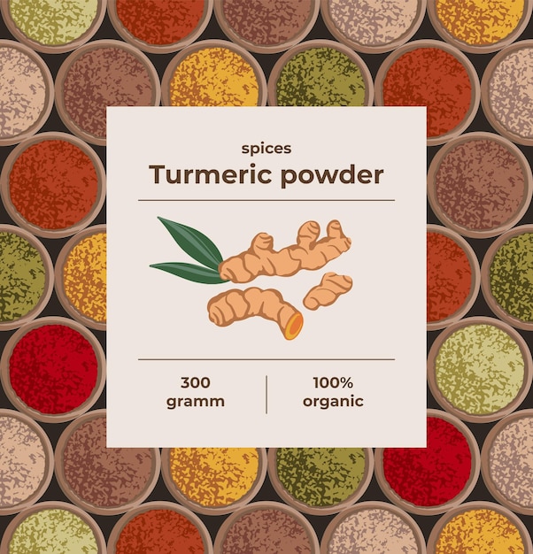 Concetto di spezie alla curcuma per il confezionamento di condimenti. sfondo ed etichetta senza soluzione di continuità. illustrazione vettoriale