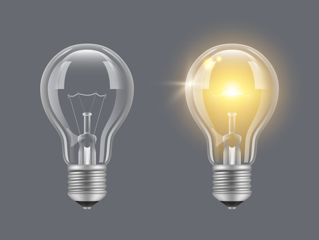 Vector turn on bulb. light realistic transparent bulb bright lamp pictures