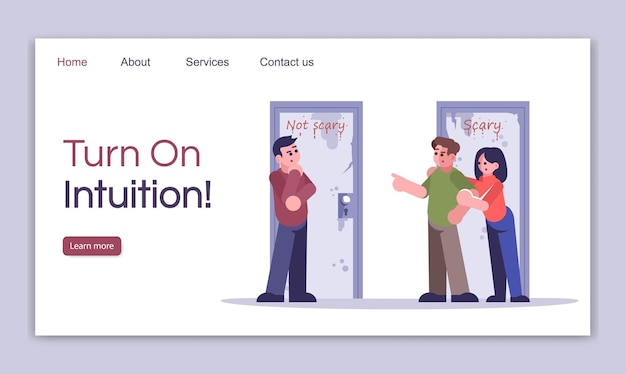 turn on intuition landing page vector template. team logic game website interface idea with flat illustrations. difficult decision homepage layout. quest room web banner, webpage cartoon concept
