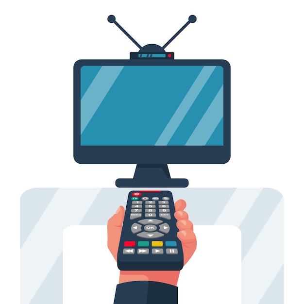 Vector turn on the tv. remote control holding in hand. social media. rest at home, while watching programs. vector illustration flat design. isolated on white background. watching television. web design.