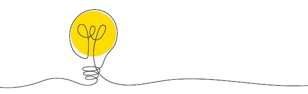 Turned on Lightbulb Yellow continuous one line drawing of electric light bulb Concept of idea emergence Vector illustration