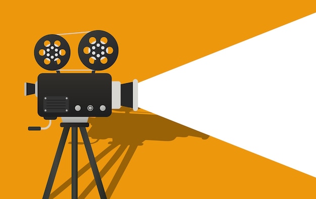 Vector turned on movie camera with shadow on a yellow background illustration video shooting photo lens director action movie cameraman vector icon for business and advertising