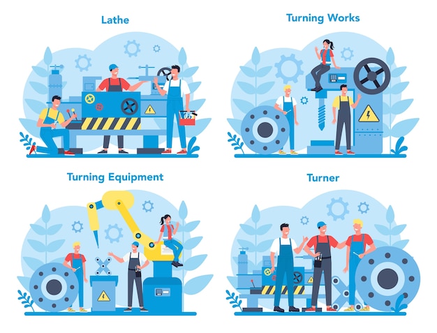 Vector turner or lathe concept set. factory worker using turning machine to make metal detail. metalworking and industrial manufacturing.