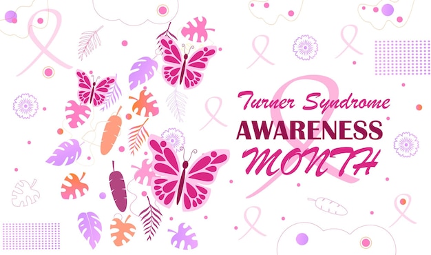 Месяц осведомленности о синдроме тернера отмечается в феврале. розовые бабочки и падающие тропические разноцветные листья на белом фоне. малиновая лента – символ болезни.