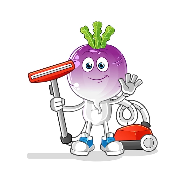 Turnip head cartoon clean with a vacuum  character vector