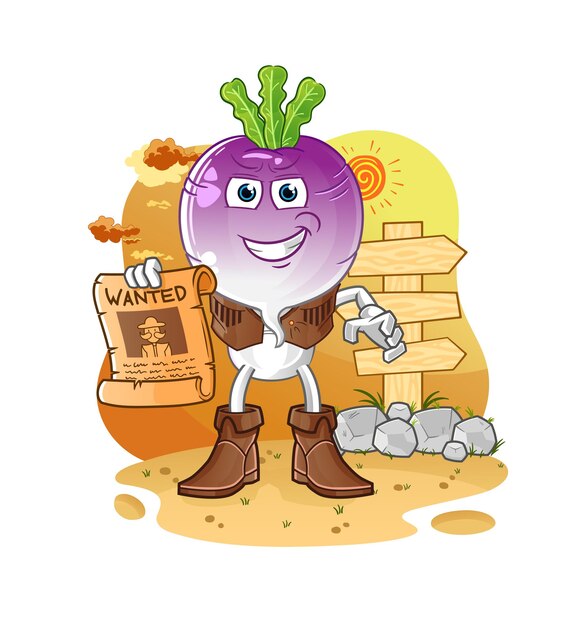 Turnip head cartoon cowboy with wanted paper cartoon vector