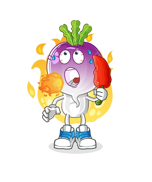 Turnip head cartoon eat hot chilie mascot cartoon vector