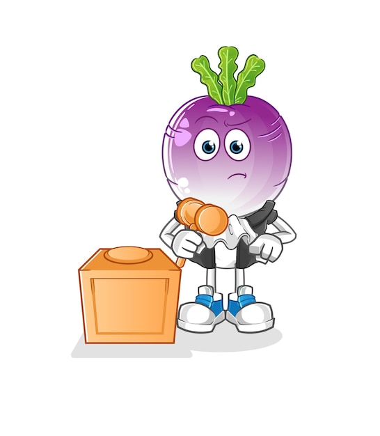 Turnip head cartoon judge holds gavel character vector