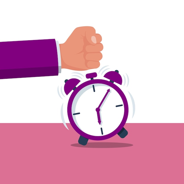 Turns off alarm clock Vector illustration flat design Man with a fist hits the alarm clock