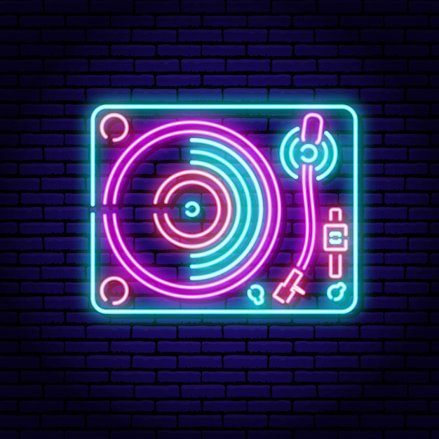 Turntable, vinyl record player. neon sign on a brick wall background. blue violet red colors