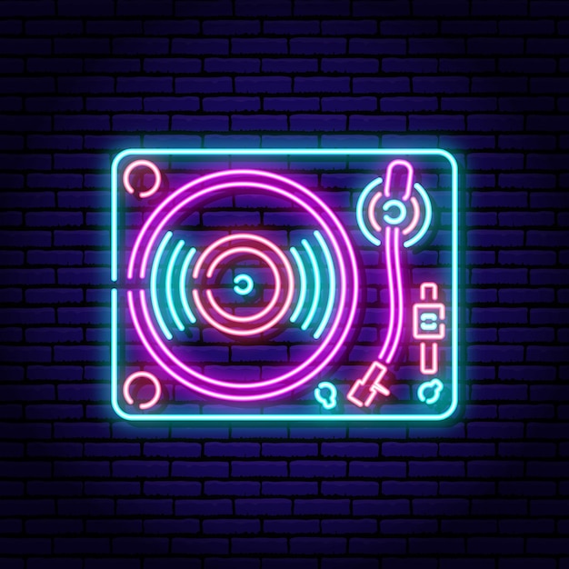 Vector turntable, vinyl record player. neon sign on a brick wall background. blue violet red colors