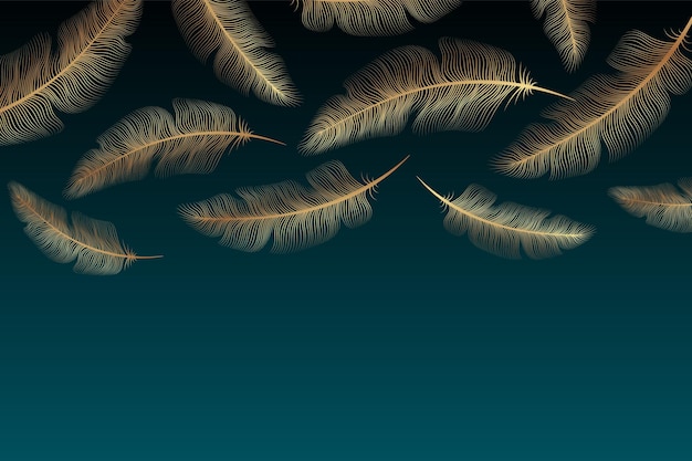 turquoise background for banner or presentation or greeting card with golden feathers