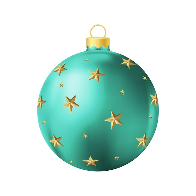 Turquoise Christmas tree toy with golden stars Realistic color illustration