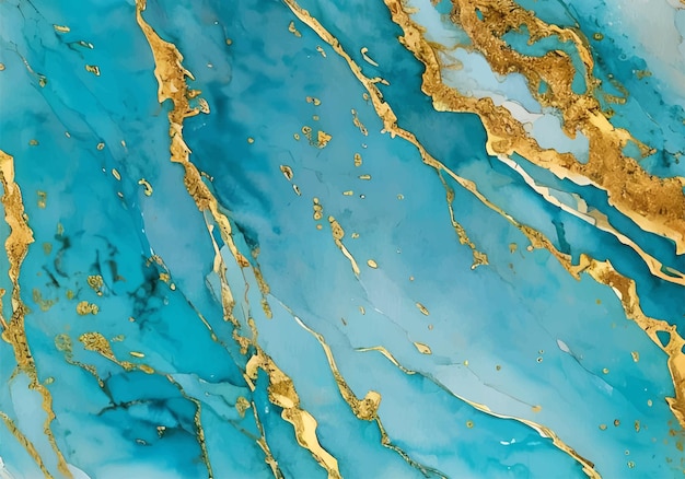 Turquoise Gold White Liquid Marble Texture Watercolor Painting Abstract Background