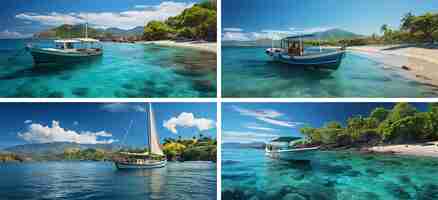 Vector turquoise zeegezicht schip mediterrane kust luxe transportschip haven nautisch