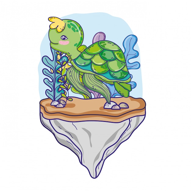 Vector turtle animal in the stone with seaweed plants