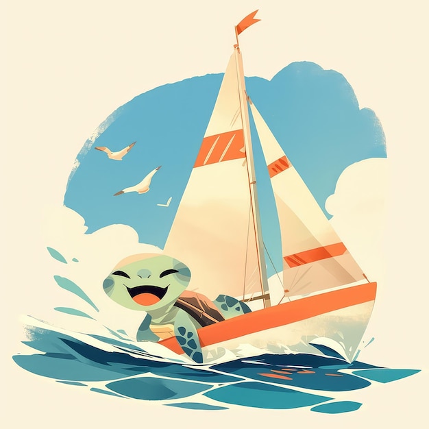 A turtle on a boat cartoon style