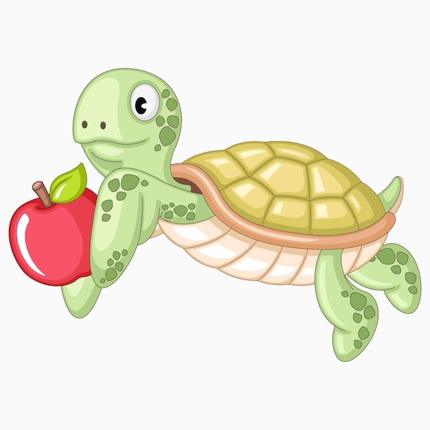 Turtle cartoon holding an apple vector illustration