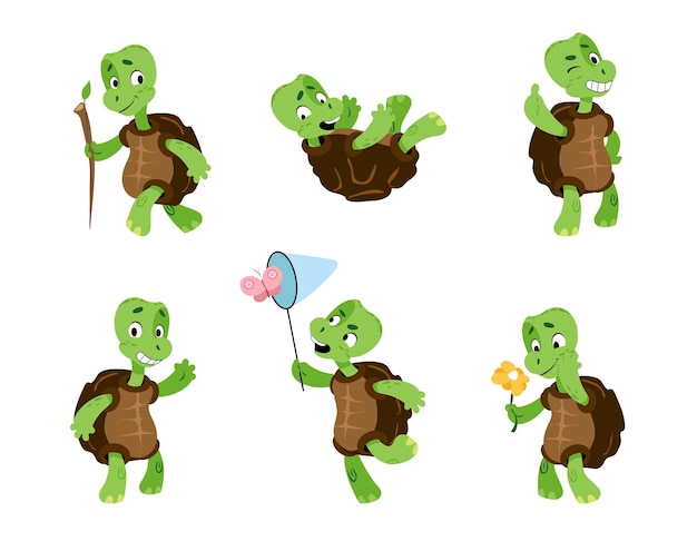 Черепаха мультяшный талисман черепахи зеленые комические рептилии с панцирями действия или эмоции животных забавный персонаж, идущий и ловящий бабочку набор жестов векторных морских черепах