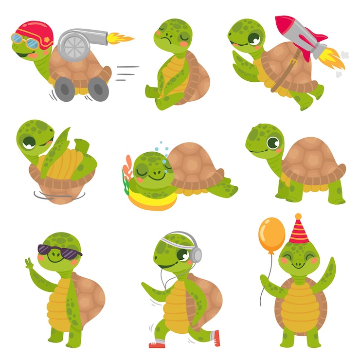 Vector 거북이 아이. 귀여운 작은 녹색 거북이 마스코트, 빠른 로켓 거북이와 잠자는 거북이 그림 세트.