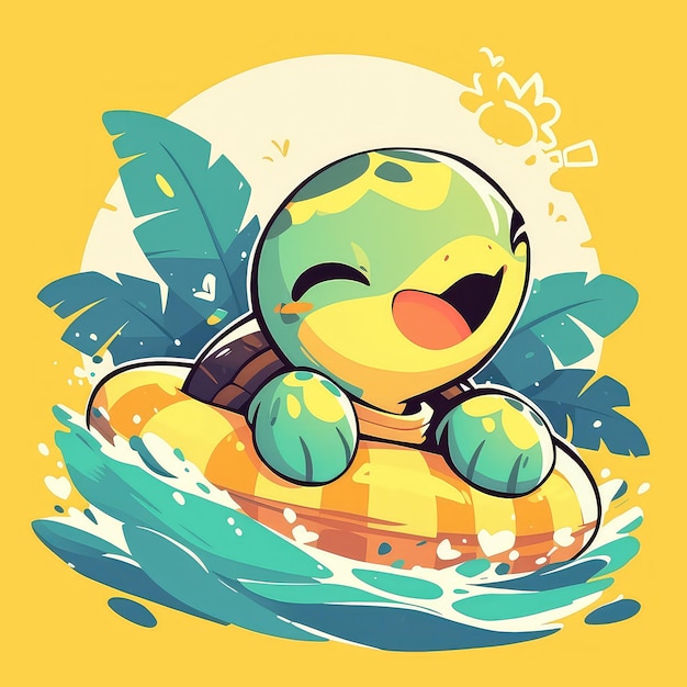 A turtle on a floating object cartoon style