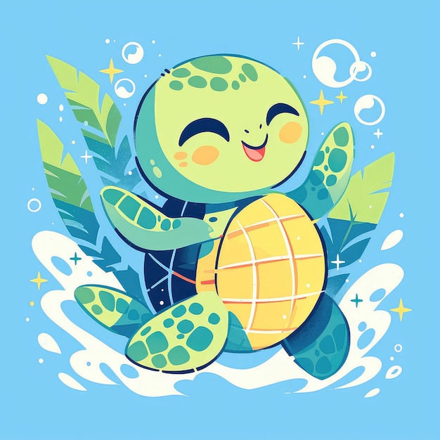 A turtle on a floating object cartoon style