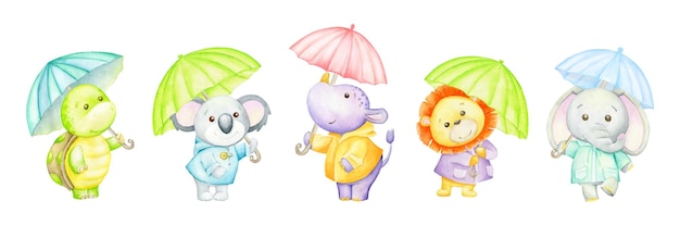 Turtle hippopotamus Kuala lion elephant holding umbrellas Watercolor set