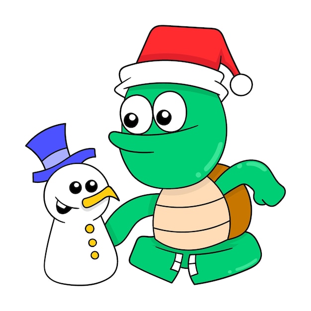 La tartaruga sta giocando con il simpatico pupazzo di neve doodle icon image kawaii