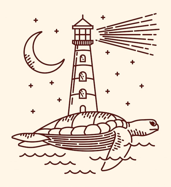 Turtle lighthouse line illustration