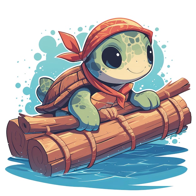 A turtle on a log raft cartoon style