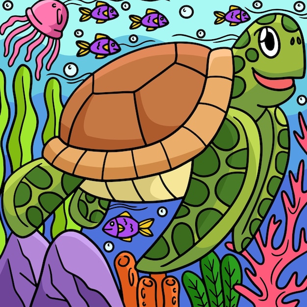 Vector turtle marine animal colored cartoon illustration