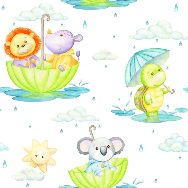 Turtle rhinoceros lion koala umbrella rain sun watercolor seamless pattern in cartoon style but isolated background