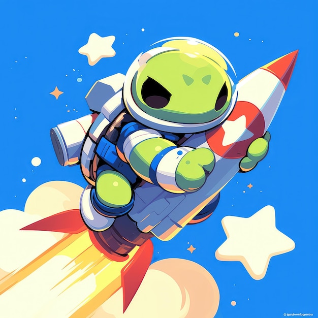 A turtle riding a rocket cartoon style