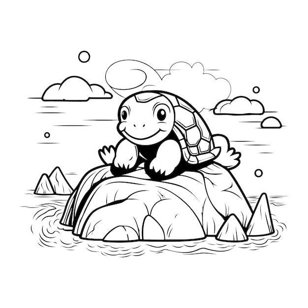 Vector turtle on the rock black and white vector illustration for coloring book