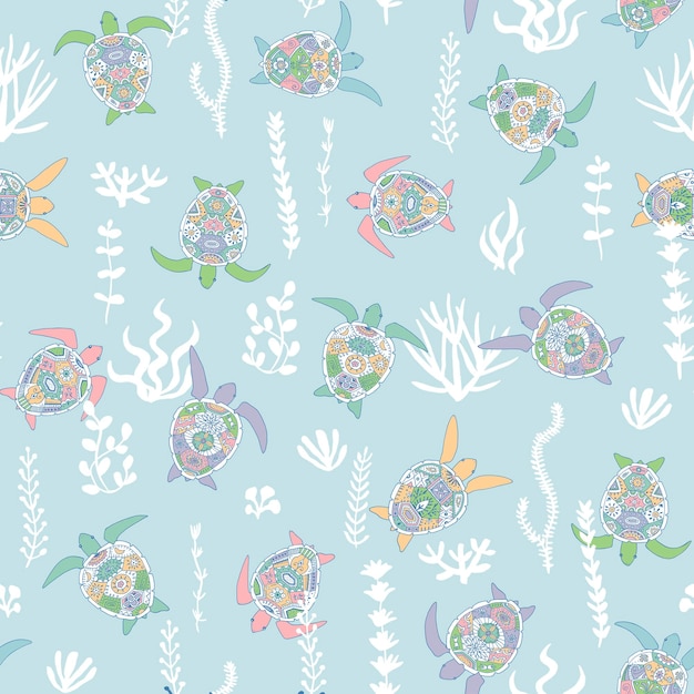 Turtle sea animal vector seamless pattern