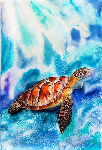 Vector turtle sea ocean swimming watercolor animalistic illustration