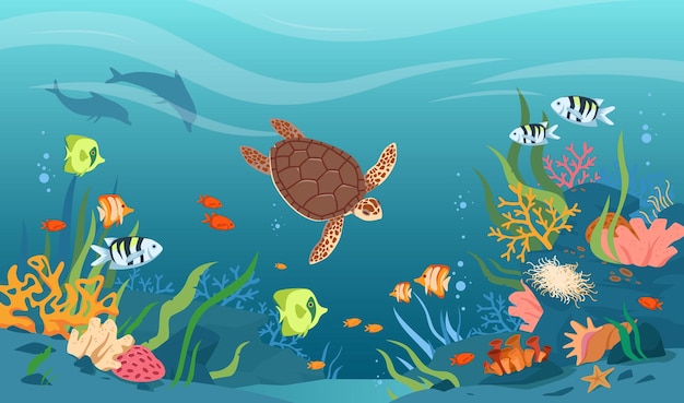 Turtle in sea or ocean waters underwater tropical wildlife aquatic animals and fishes