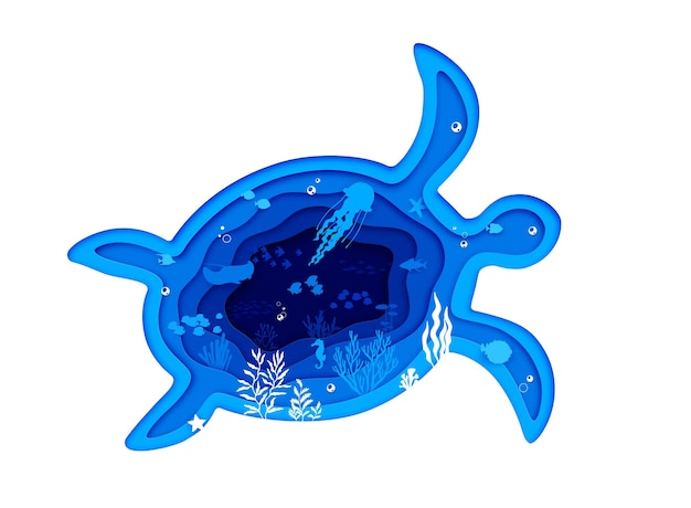 Turtle silhouette sea paper cut underwater landscape with jellyfish and seaweeds papercut vector Sea or ocean undersea landscape with paper cut layers of manta ray fish shoal and seahorse