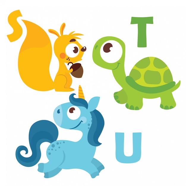 Turtle, squirrel, unicorn with alphabet letters