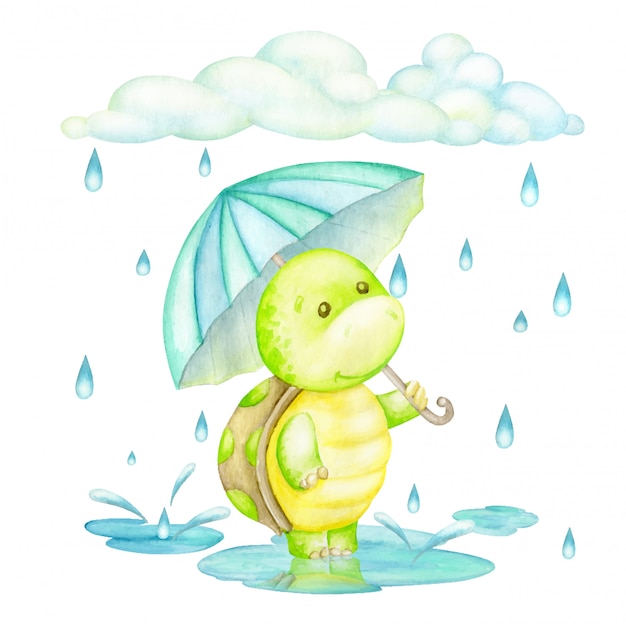 Vector turtle, standing in the rain with an umbrella. watercolor concept, in cartoon style.